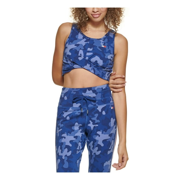 TOMMY HILFIGER SPORT Intimates Blue Built-in Bra Shelf Twist Front Camouflage Sports Bra S