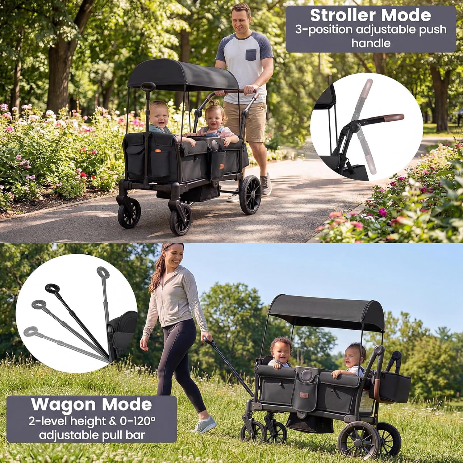 INFANS Wagon Stroller for 2 Kids, Foldable Wagon Cart with Adjustable Handle Pull Bar, Removable Canopy, Footwell, Snack Tray, Harnesses for Infants Toddlers 6-36 Months