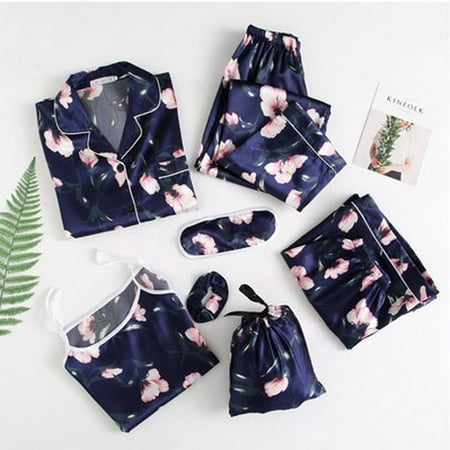 

Levmjia Women s Pajamas Set Clearance Summer Plus Size 7PC Silk Women Lingerie Camisole Print Shorts Pant Pajamas Blindfold Sleepwear