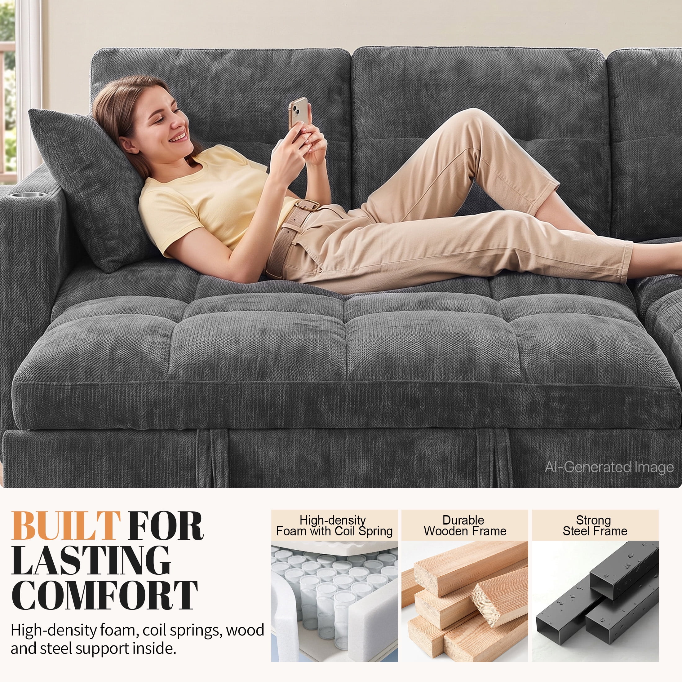 Aukfa 108" U Shaped Sleeper Sectional Sofa with Pull Out Bed, Chenille Convertible Sofa, Storage Chaise, USB/Type-C Ports & Side Table, Gray
