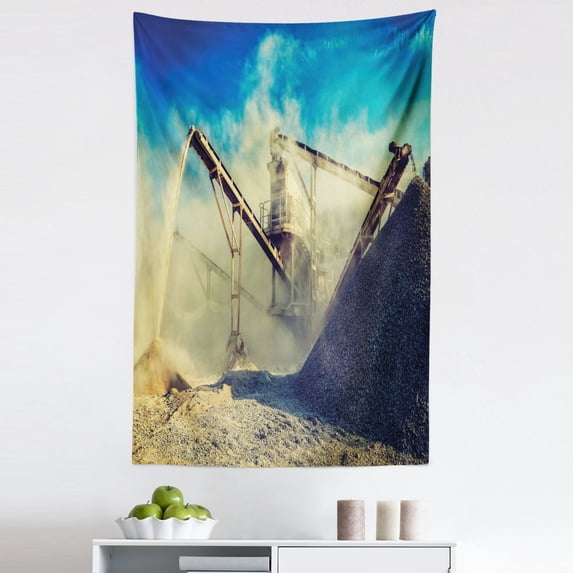 Industrial Tapestry, Rock Stone Crushing Machine Open Pit Mining Quarry Sand Dust Photo, Fabric Wall Hanging Decor for Bedroom Living Room Dorm, 5 Sizes, Blue Pale Yellow Black, by Ambesonne