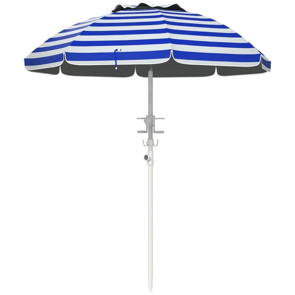 Outsunny Parasol de Plage 5,7 Pieds avec Inclinaison, Porte-Gobelets, Crochet, Bleu et Blanc