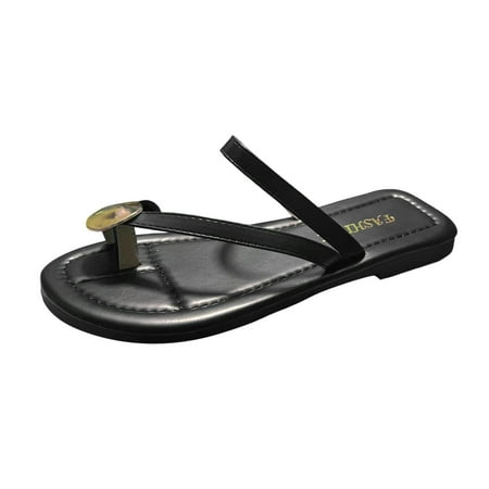 OJSFQUFP Women Shoes Casual Ladies Fashion Summer Solid Leather Metal Buckle Decorative Toe Flat Bottom Sandals Pantuflas Para Mujer Black 37