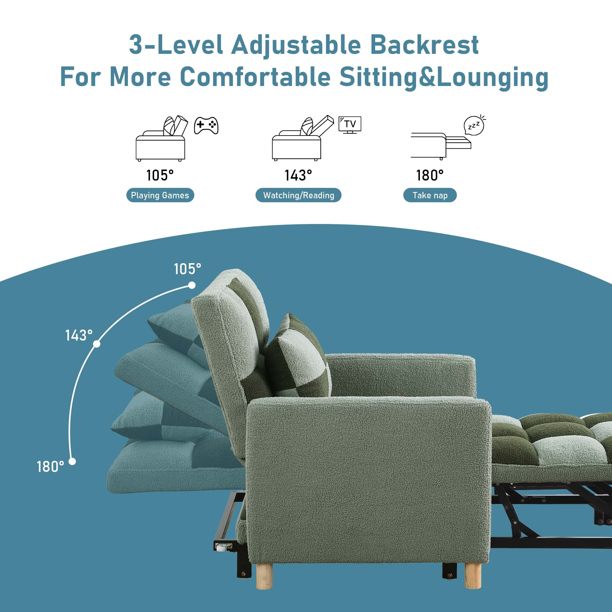 Aukfa Convertible Sleeper Chair Bed, Patchwork Pull Out Sofa Chair with Adjustable Backrest, Teddy  Green  (图4)