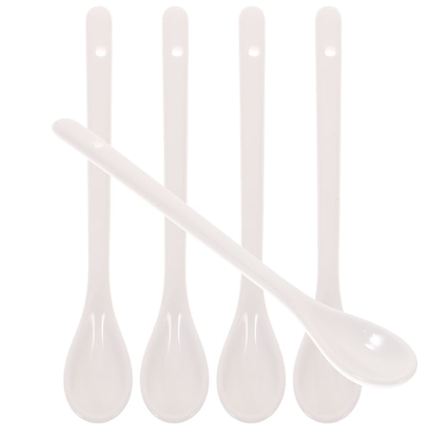 Juego de 5 cucharas grandes de cerámica con mango largo para sopa, café y gachas (blancas).