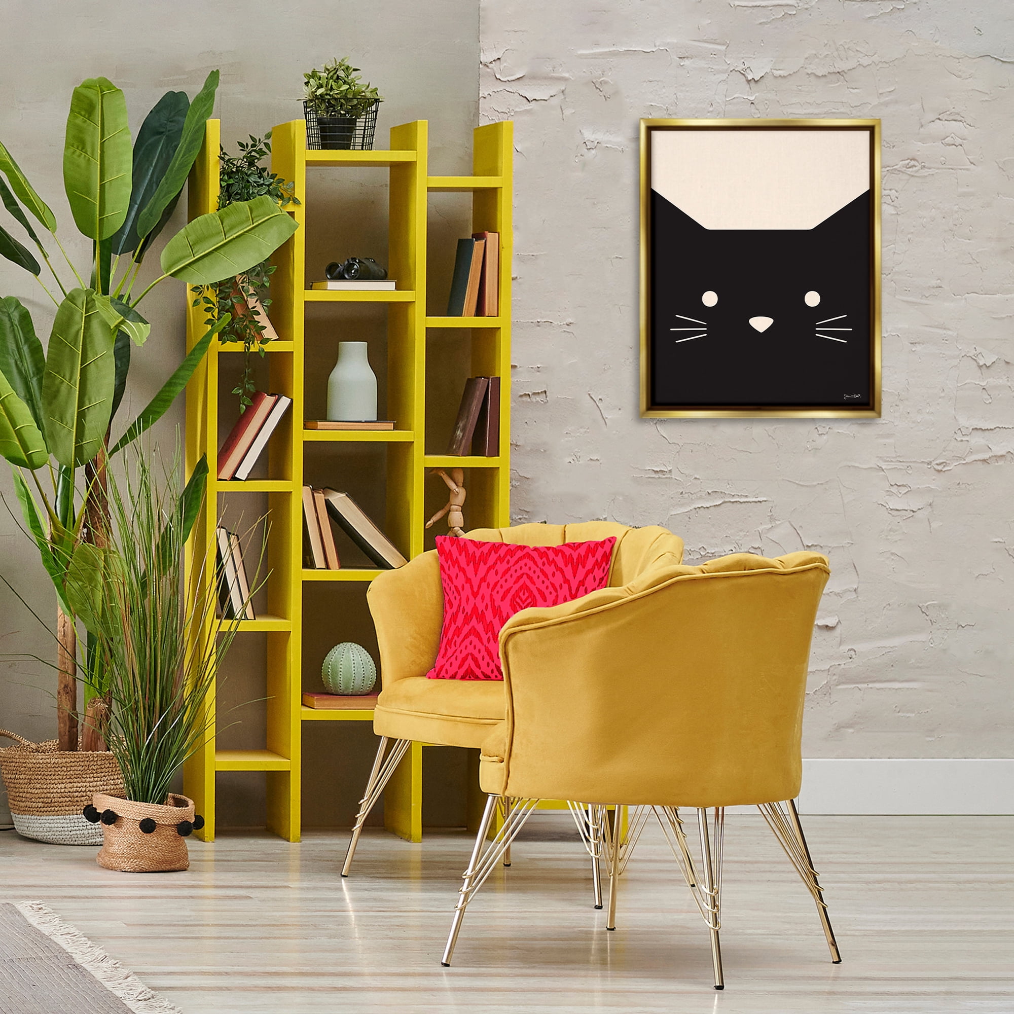 Stupell Industries Black Cat Close Up Animals Painting Gold Floater Framed Canvas Art Print Wall Art, 17 x 21