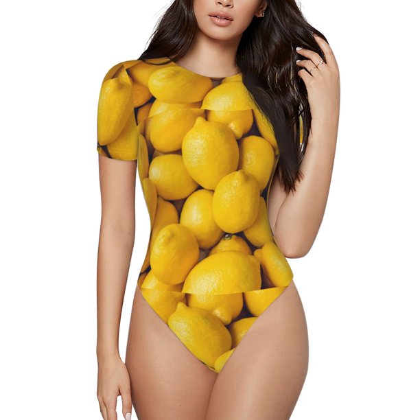 Balery Ripe Yellow Lemon Body de cuello redondo de manga corta para mujer Tops de manga corta Tops básicos-X-Large