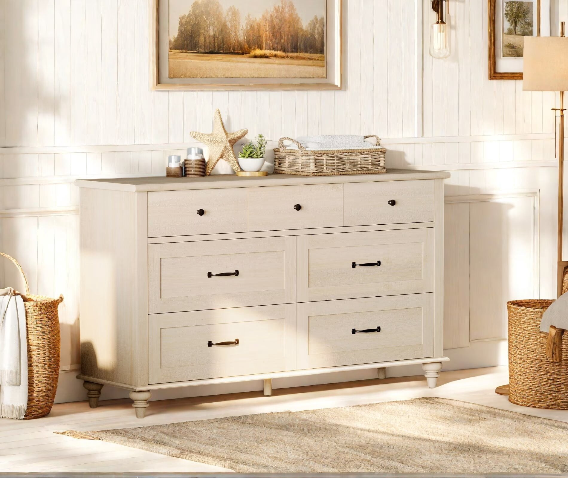 Beige 7 Drawer Dresser for Bedroom, Farmhouse Wooden Chest of Drawers Kids Dressers for Living Room