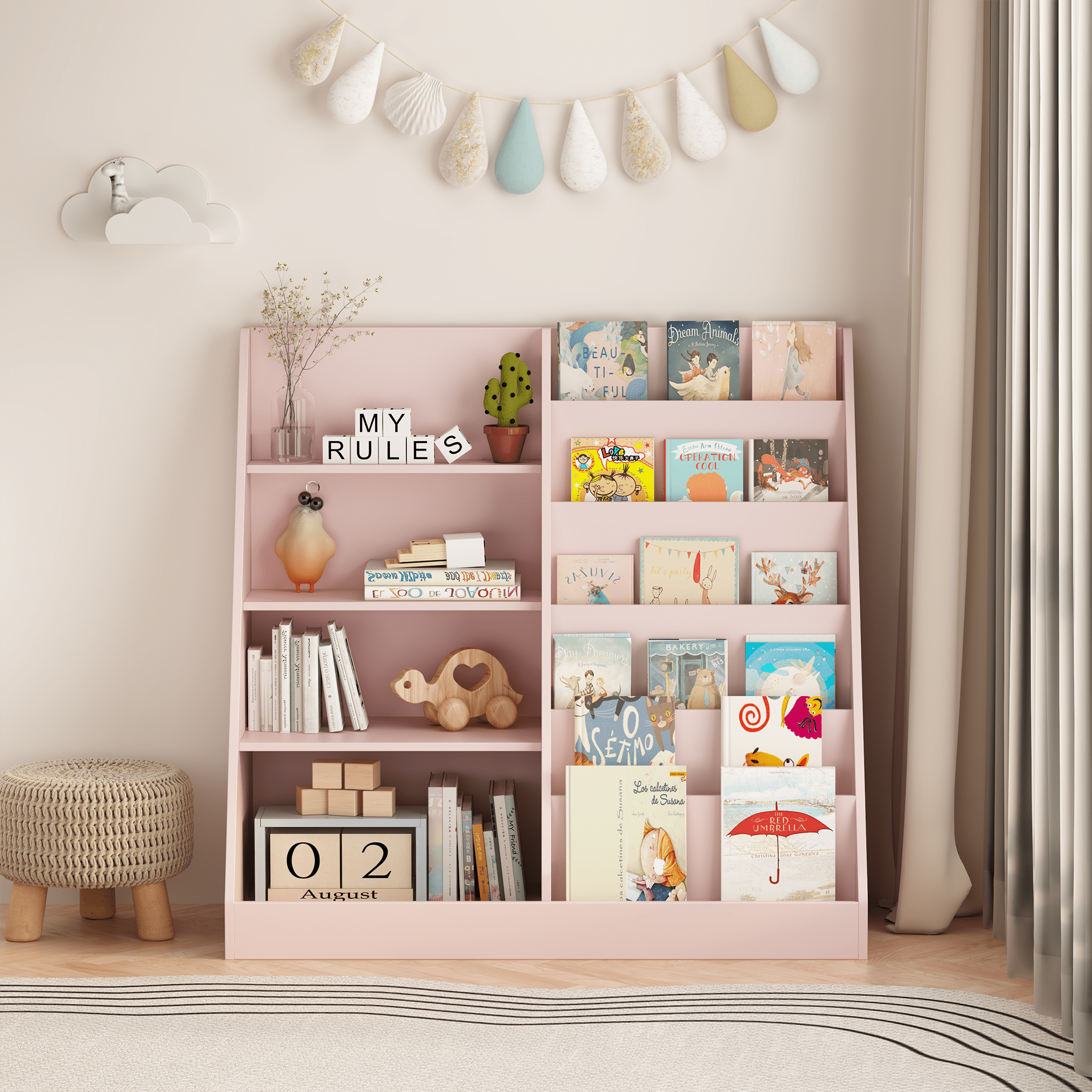 Pink Kids Bookshelf with Toy Storage Bin 2-Tier Display Childrens Room Organizer
