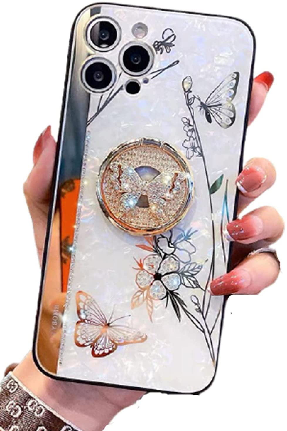 for Samsung Galaxy S21 Ultra 5G Case for Women Girls,Luxury Cute Glitter Pearly Hard Back Bling Diamond Butterfly Design with Camera Lens Protection,Reinforced Rugged Bumper Phone Case for S21 Ultra 