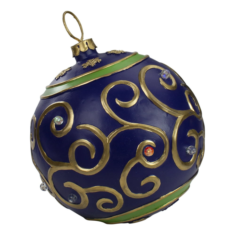 12Inch Blue and Gold Large Christmas Ball Ornament Tabletop LED