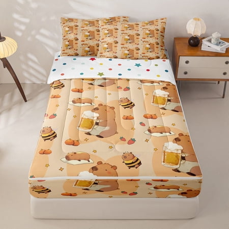 Homewish Cute Bee Capybara Zipper Full Size Comforter Sets with Fitted Sheet and 2 Pillowcases Cartoon Mouse Animal Zipper Bedding Set For Girls Kids Reversible 4 Pieces