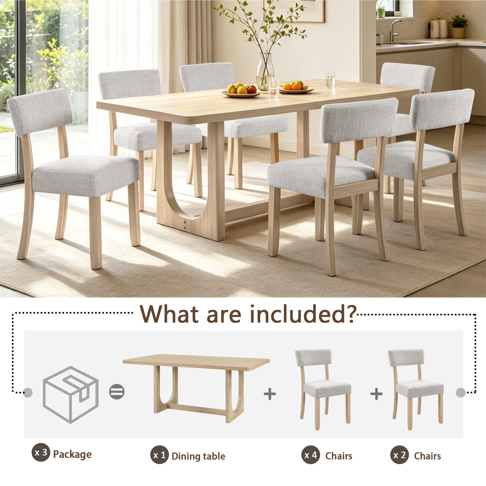Gewnee 7-Piece Dining Table & Chairs Set for 6,68" U-Shaped Base Rectangular Table with 6 Linen Upholstered Chairs,Farmhouse Kitchen Table Set for Dining Room.Light Oak