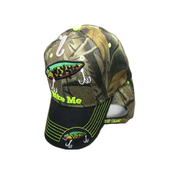 Bite Me Fishing Lure Fish Bass Camo Black Bill Embroidered Cap Hat