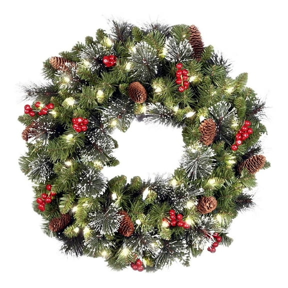 Pre-Lit Christmas Wreath 14", Battery Led Frosted Pine Needle Front Door Decor, Realistic Cones Red Berries, Timer Function Winter Garland for Wall Window Mantel, , 1X Christmas Glowing Wreath