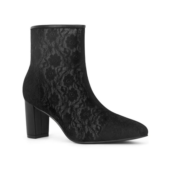 BLISSFUL STEP Women's Ankle Boots Lace Pointed Toe Chunky Heel Zipper Dress Booties Black 8