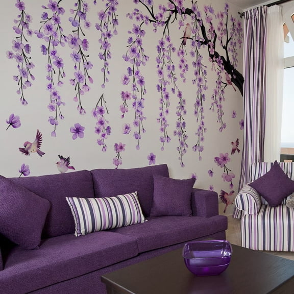 Large Tree Sticker purple Hanging Plants Wall Sticker Birds Flower Branches Wall Art Decals Transparent Wall Murals Peel and Stick Nature for Living Room Bedroom TV Wall glass dec