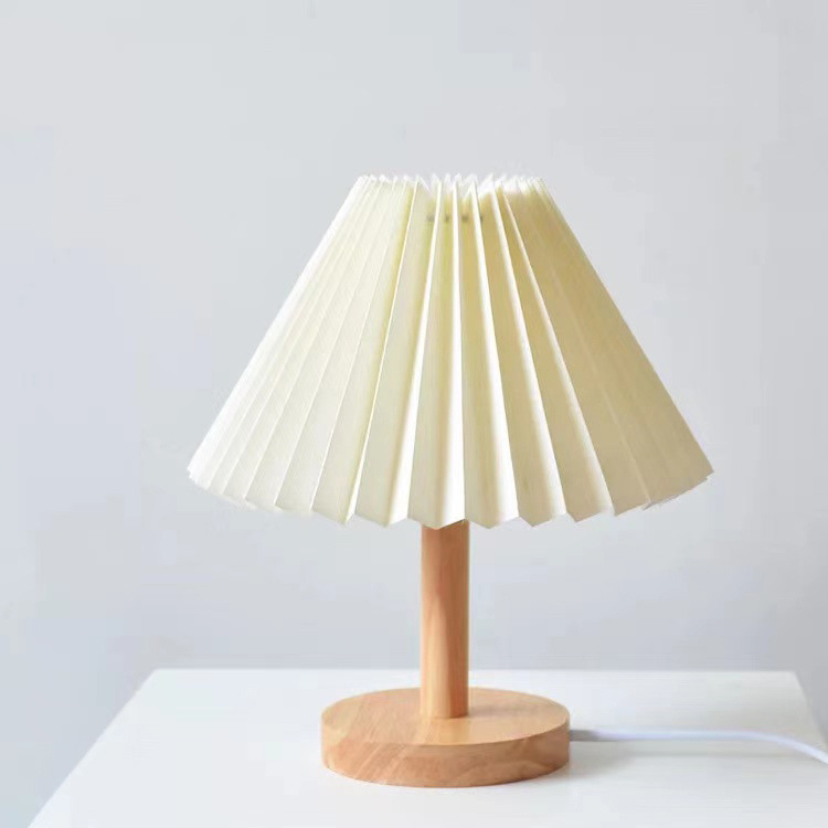 Retro Pleated Remote Control Night Light, Umbrella-shaped Bedside Lamp (beige Shade, Right Button 220v [tricolor Dimming])