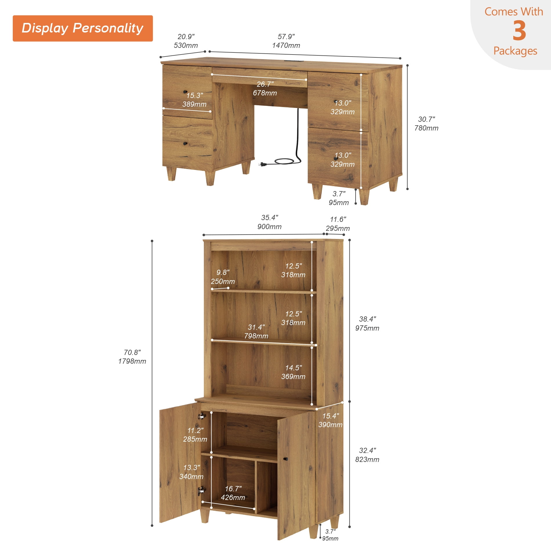 WAMPAT Home Office Furniture Set, 58" Executive Desk with Charging Station and Drawers, 71" Tall Bookcase with Doors and Adjustable Shelves for Living Room, Dark Brown Wood
