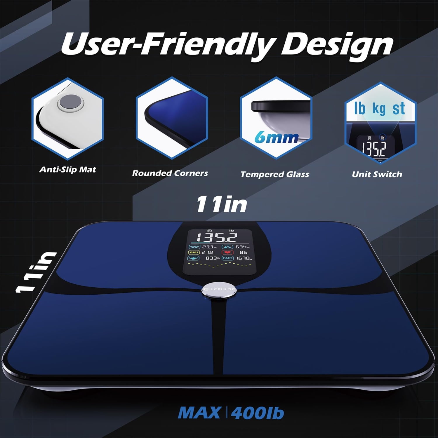 Checkme Smart Scale, Upgraded 22 Body Composition Analyzer with Large 4.68" Display - Measures Weight, Body Fat, Muscle Mass, BMI, Syncs with App, High Accuracy, 400 lbs--Model Lepulse F4PRO