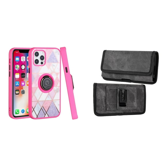 Bemz Ring Series Case for iPhone 14 (TPU Silicone Cover with Magnetic Stand) and Rugged Denim Nylon Belt Holster Pouch (Pink on Purple Marble/Grey)