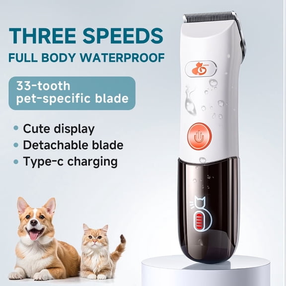 Waterproof Pet Grooming Clippers for Dogs and Cats, 3-Speed Cordless Dog Hair Clipper with Ceramic Blade, USB Type-C Rechargeable, Low Noise Professional Pet Trimmer