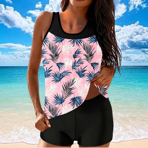 lcziwoWomens 2 Piece Outfit tropical Print Tankini Swimsuit Wide Strap Supportive Tops Summer Beach Vacation Swimsuits Multicolor XL