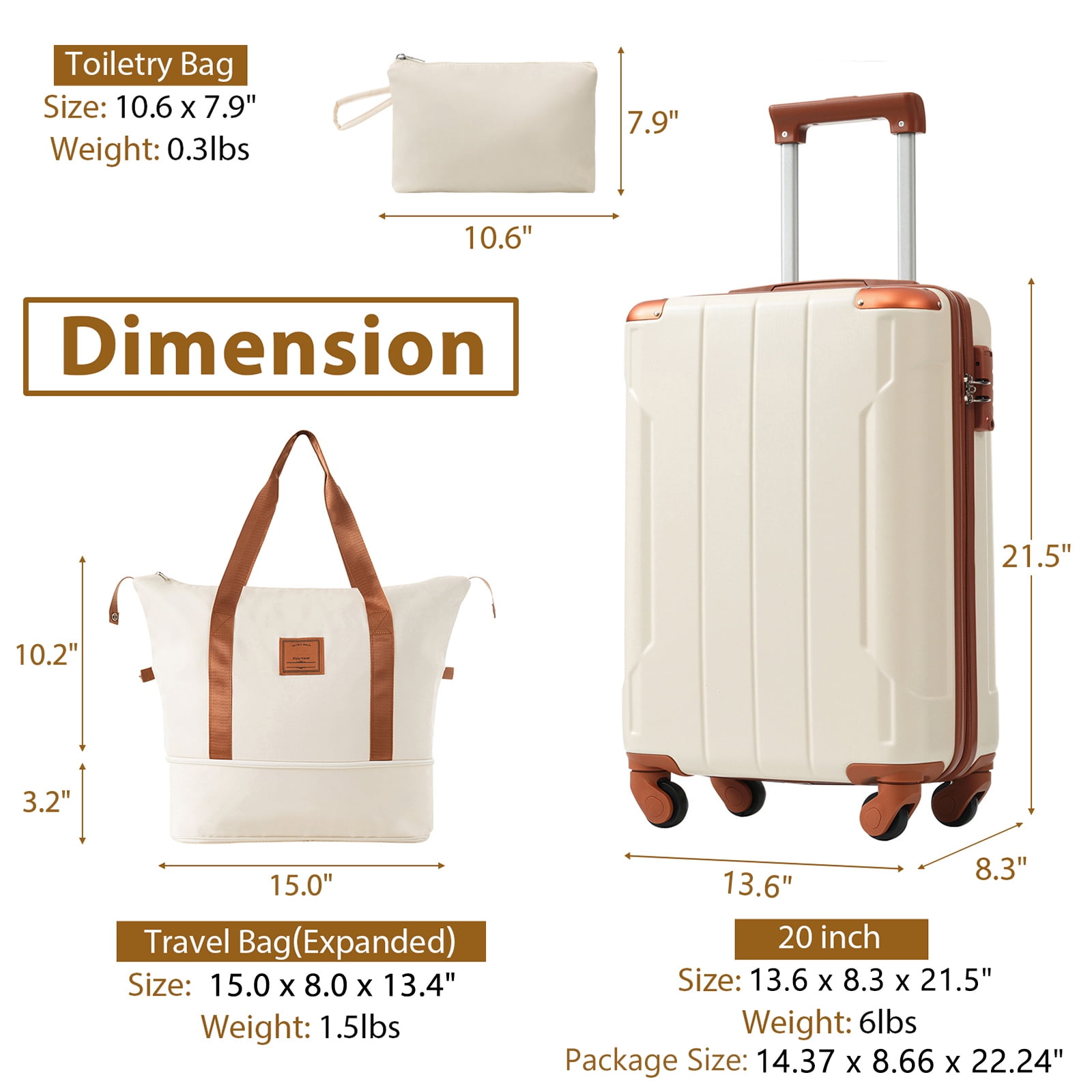 20 Inch Carry On Luggage Set 3 Piece with Spinner Wheels, Lightweight Hardshell ABS Suitcase for Weedend Getaways, Business Travel, White Brown
