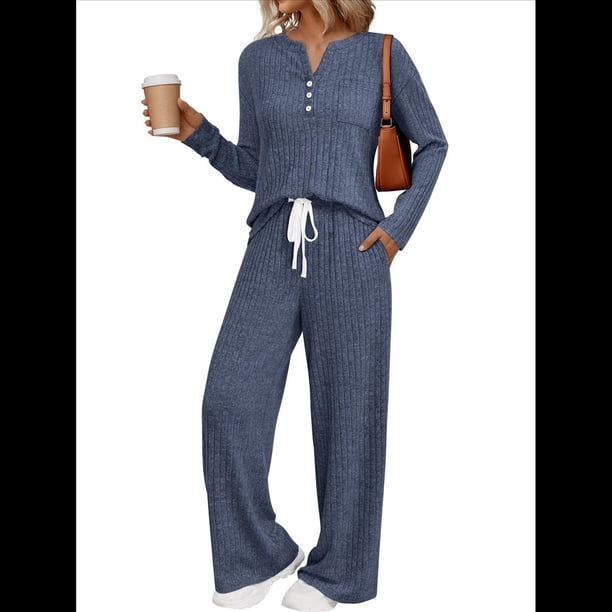 Conjuntos de Dos Piezas para Mujer, Suéter de Cuello Henley de Otoño, Chándal A Juego, Pijamas Cómodos con Bolsillos Azul Marino M