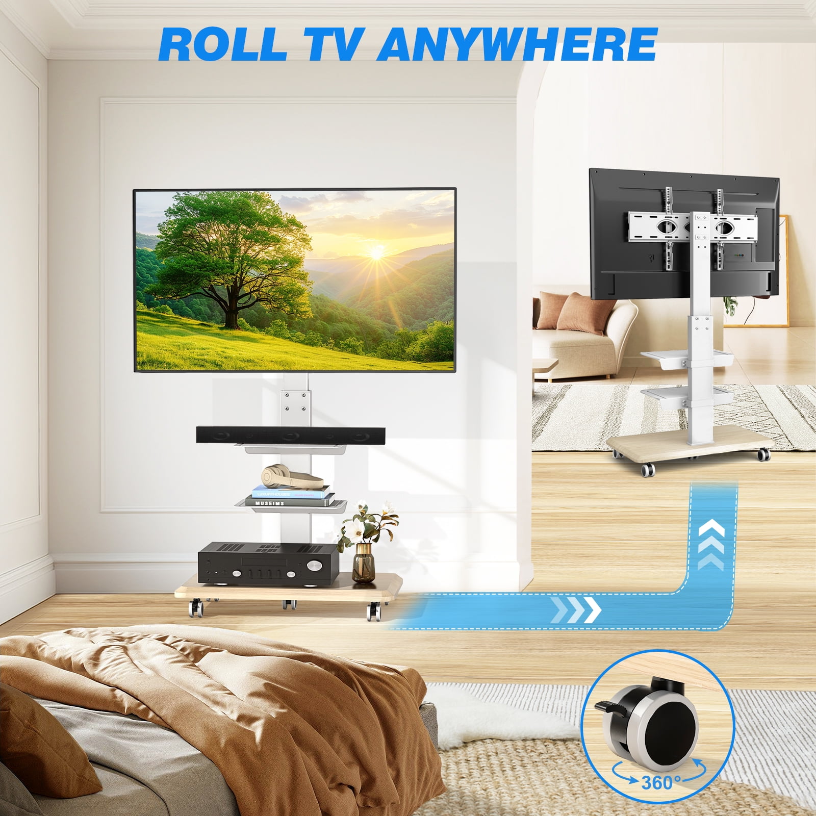 TAVR Furniture Modern Swivel Rolling TV Stand Height Adjustable for 40-75 inch TVs, Portable Floor TV Stand for Bedroom, Living Room, Office, White
