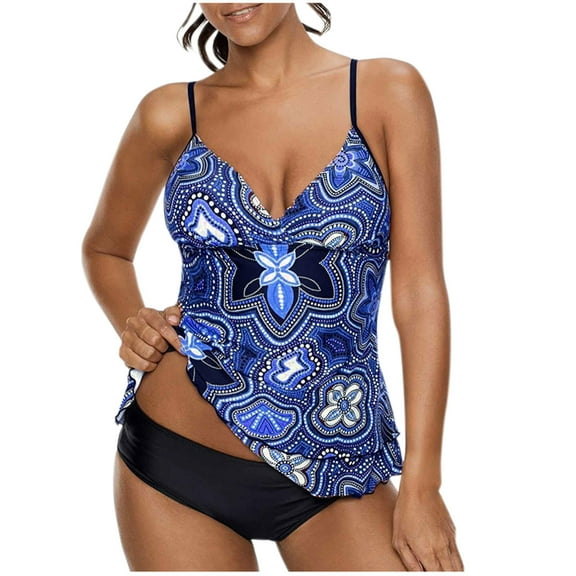 Sakmal Two Piece Sets Bathing Suit Ethnic Blue Tankinis Plus Size Bathing Suits Padded Full Coverage Swimsuit Sets
