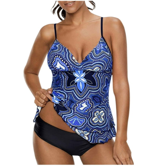 LSLJS Women Conservative Print Strappy Back Set Two Piece Swimsuits Swimdress, Tankini Swimsuits