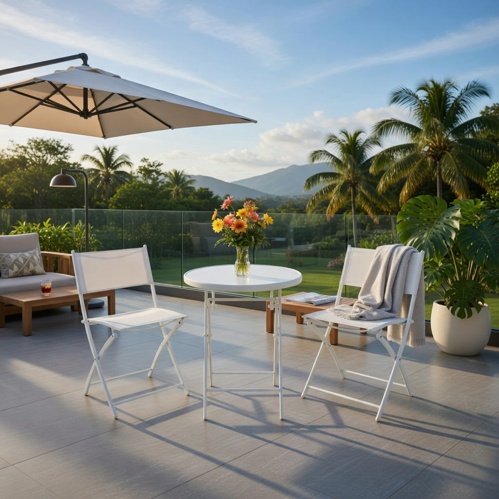 Hommoo 3-Piece Foldable Outdoor Bistro Set, 2 Chairs + Glass Top Coffee Table for Balcony, Patio & Garden, White