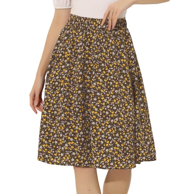Falda Acampanada Hasta La Rodilla Con Estampado Floral De Verano Para Mujer Marrón L