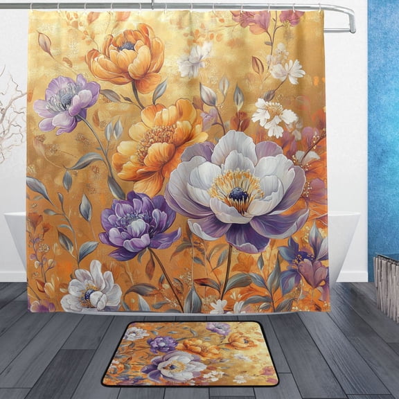 BZSMCE Shower Curtain and Bath Accessory Set,Golden Blossom Garden Pattern