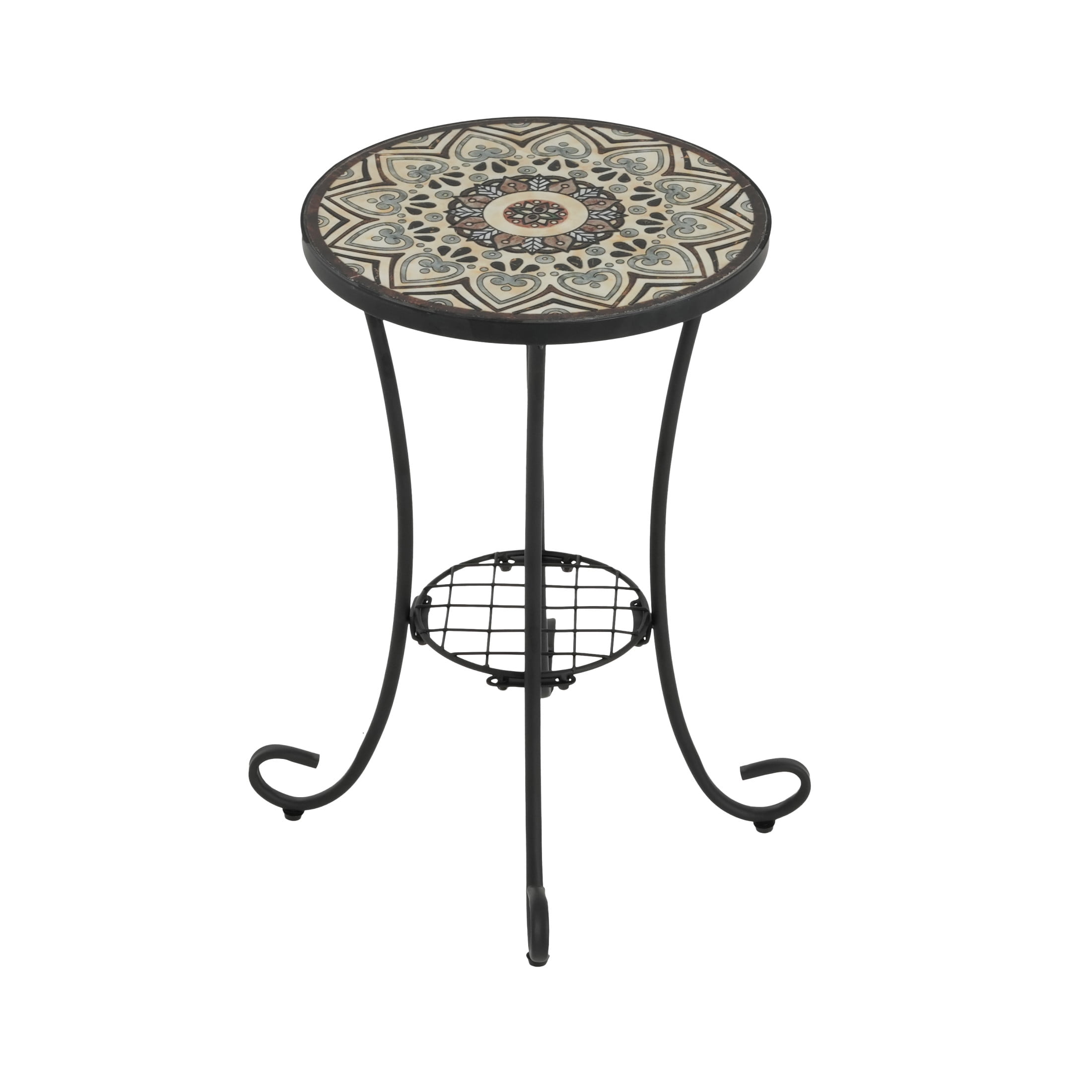 Trulisa Outdoor Patio Round Side Table with Shelf, Ceramic Tile, Iron, Black + Brown