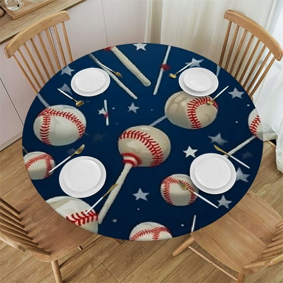 HAOXIT Sports Outdoor Round Tablecloth, Baseball Patterns on Vertical Striped Background Stars Design, Decorative Washable Picnic Table Cloth