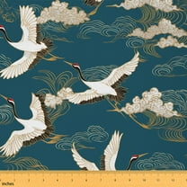Homewish Tokyo White Crane Fabric by the Yard 1 Yard for Adult, Cartoon Cloud Stripes Room Decor Fabric by the Yard, Japanese Style Sewing Fabric, Luxury Bedroom Decor