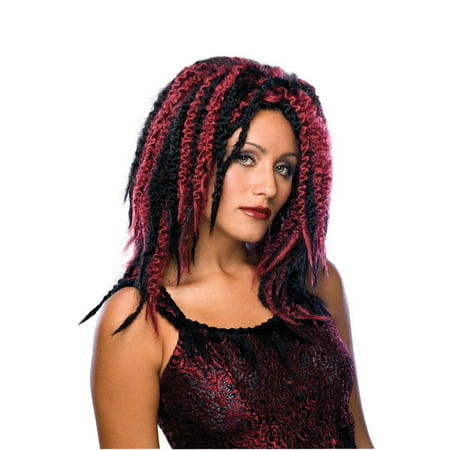 Adult Womens Wavy Curly Dreaded Vampire Gothic Streaked Black Burgundy (Best Way To Start Dreads With Curly Hair)