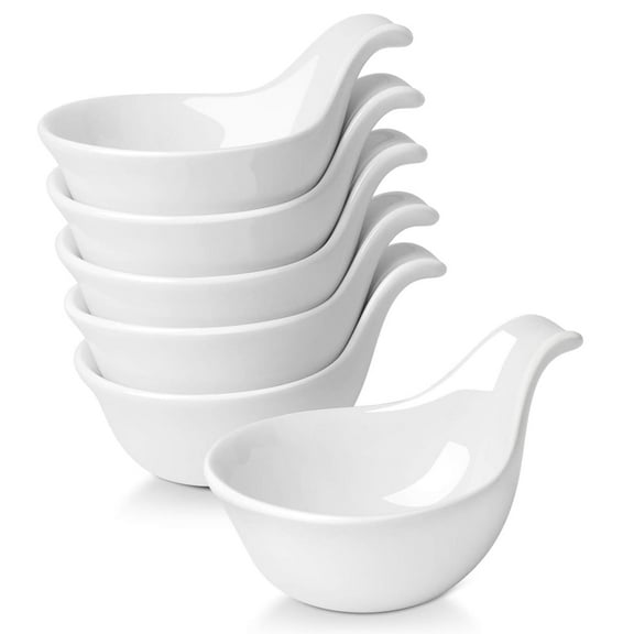 Porcelain Dipping Bowls Ramekins, Ceramic Serving Spoons Sauce Holders with Grip Handle for Appetizers Small Side Dishes Soy Sauce Dips - 3 oz, Set of 6, White