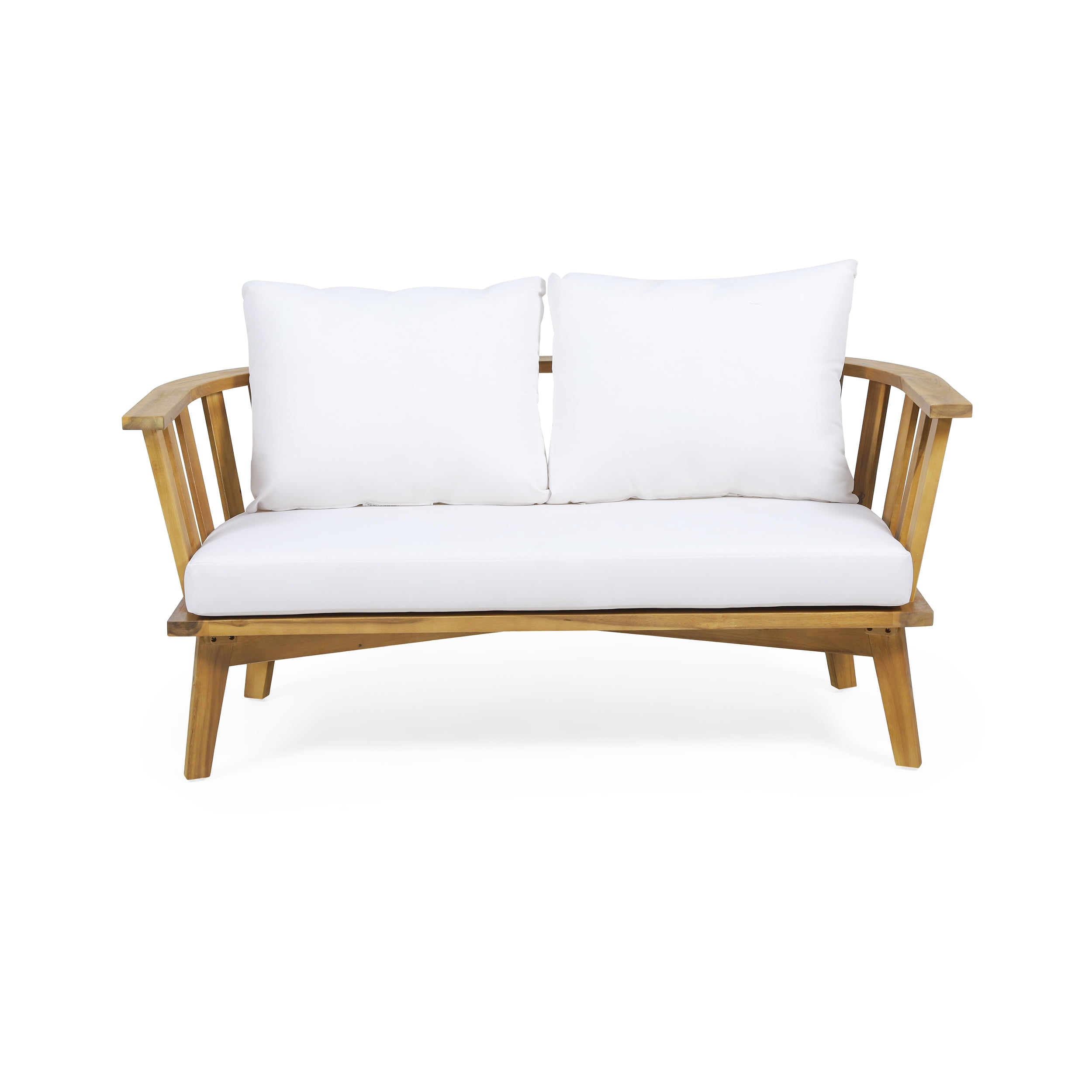 Nehemiah Outdoor Wooden Loveseat and Coffee Table Set, White, Teak Finish