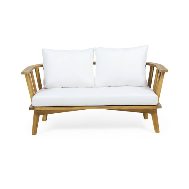Nehemiah Outdoor Wooden Loveseat With, Kailee Outdoor Wooden Club Chairs With Cushions Set Of 2 White Teak