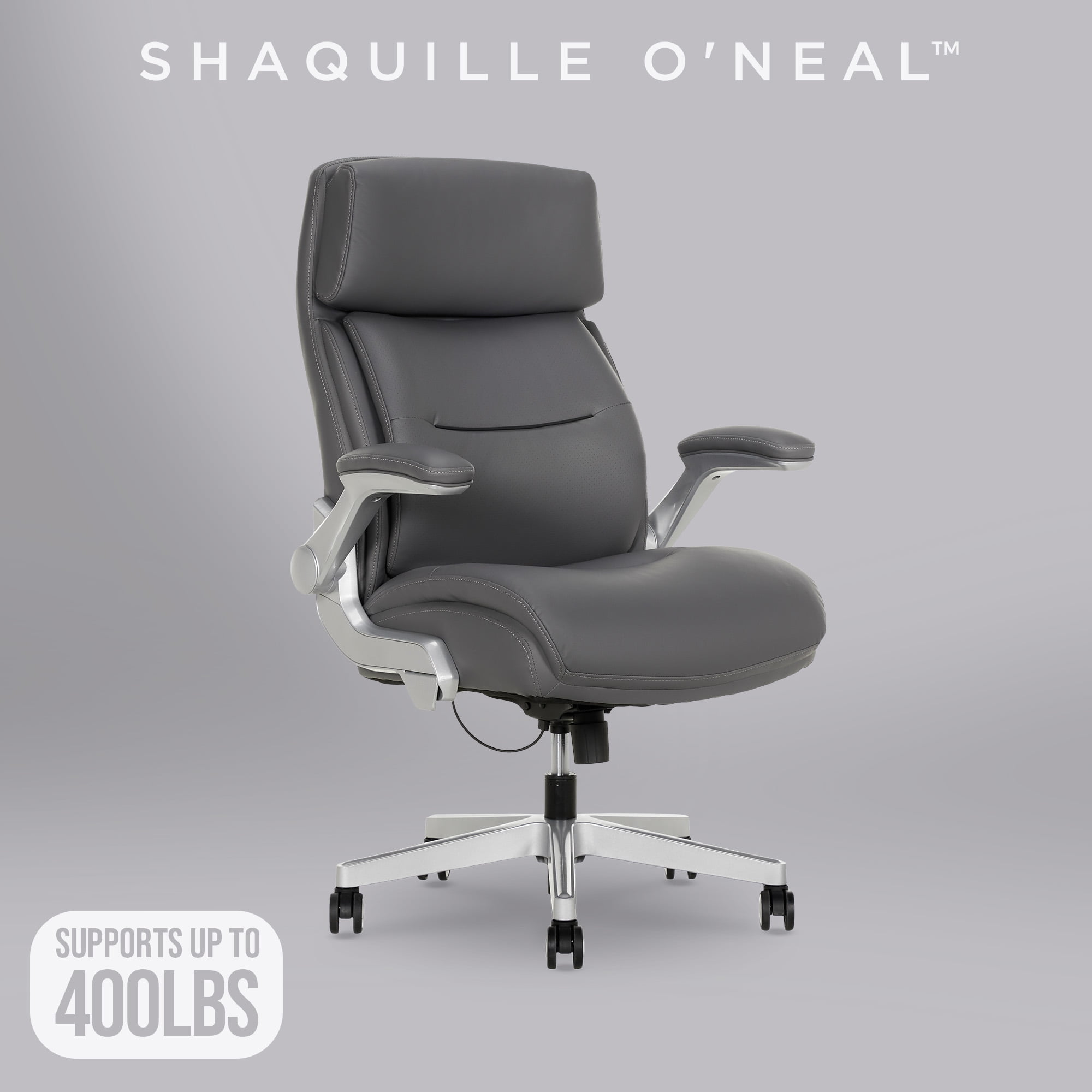 Shaquille O'Neal Cenzo Ergonomic Big and Tall Office Chair ,Flip-Up Arms PureSoft Upholstery High-Back Desk Chair with 400 lb Capacity, Gray