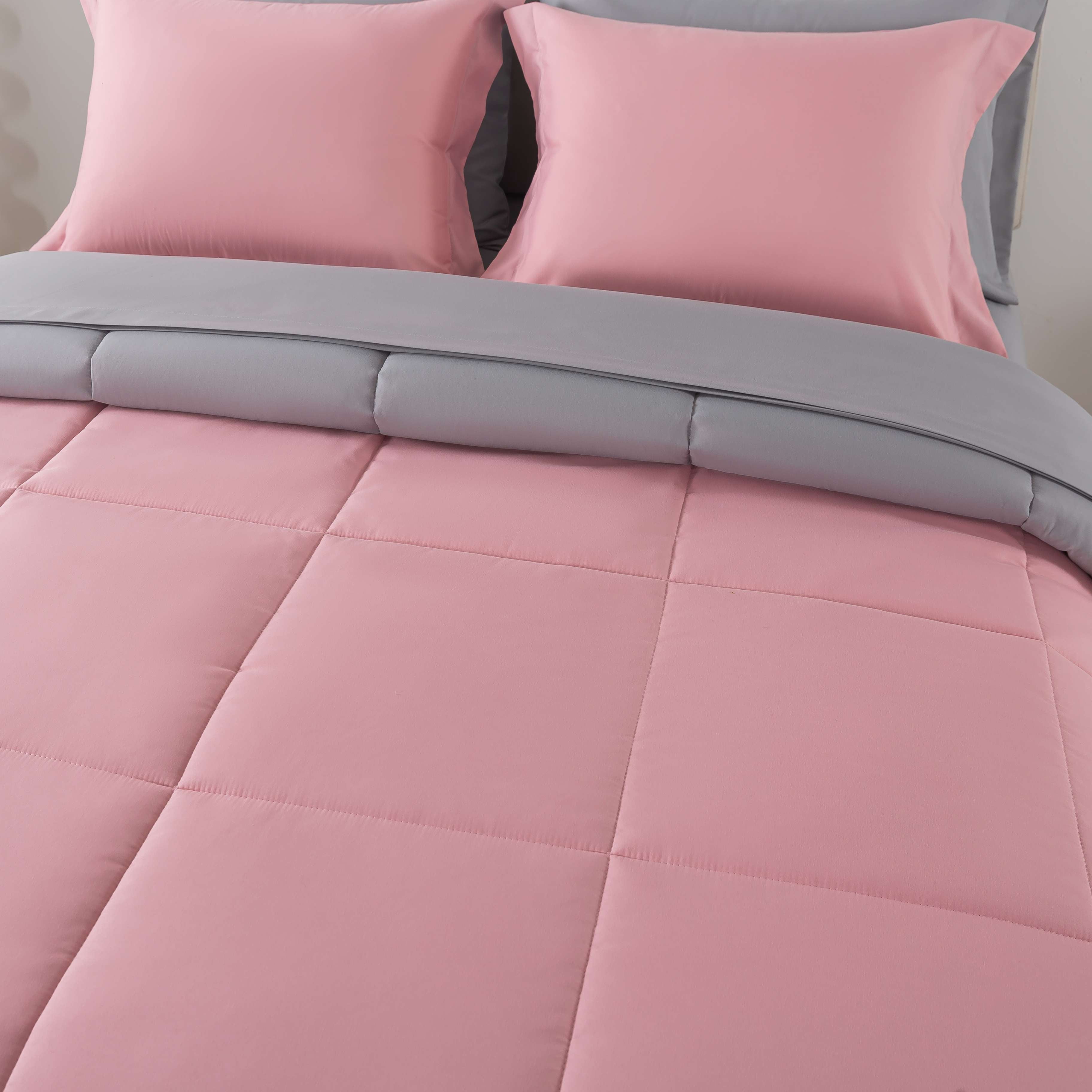 Mainstays 7-Piece Reversible Bed in a Bag with Laundry Tote, Solid Pink, Full