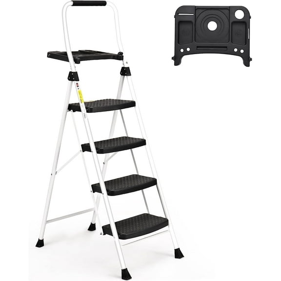 HBTower Folding 4-Step Stool Ladder with Tool Tray, 330lbs, Anti-Slip Pedal, Steel Handgrip, White
