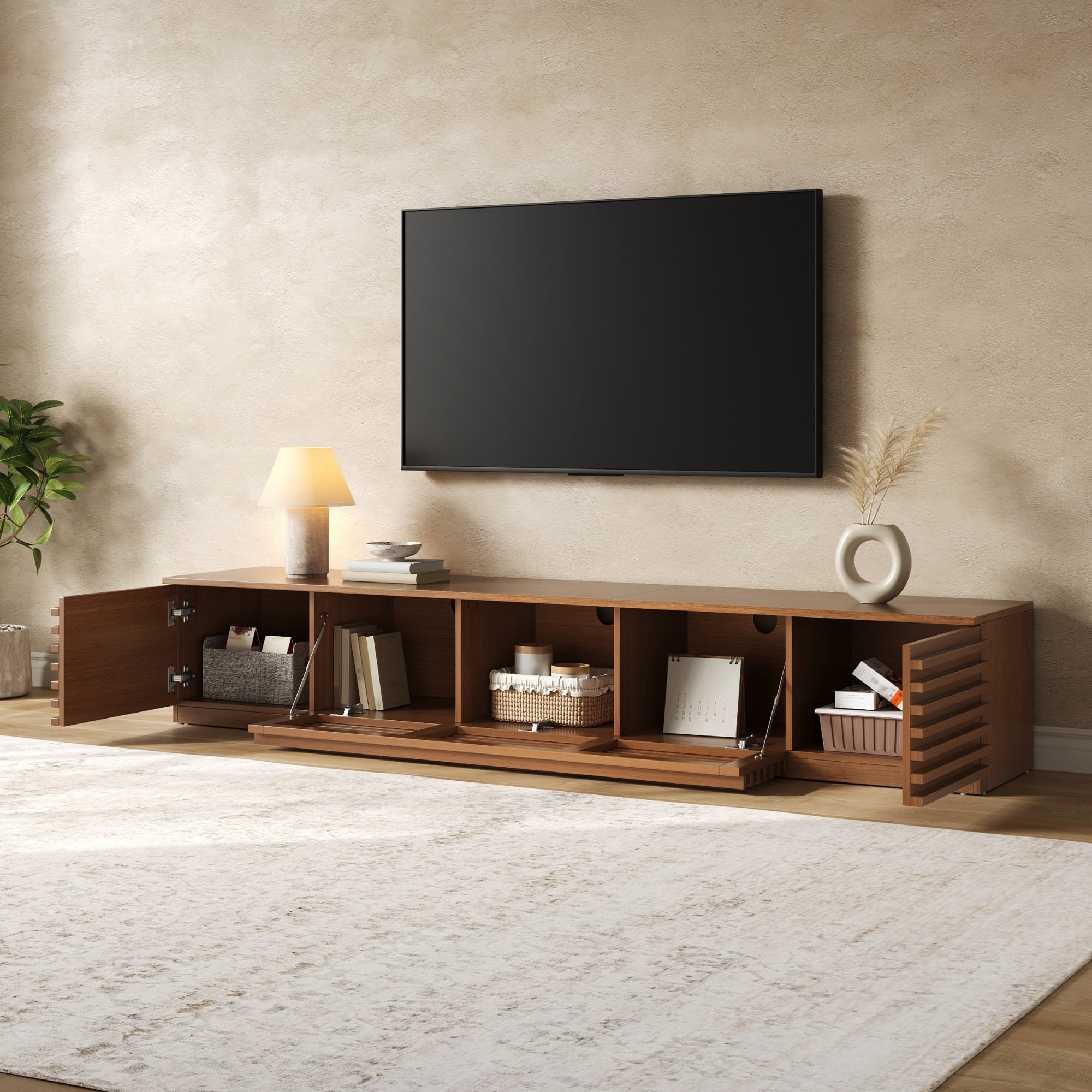 TV Stand for TVs up to 90 Inch, Entertainment Center with Slatted Doors & Cable Management, Media Console with Soft-Close Hinges for Living Room