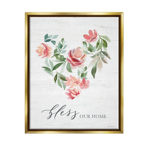 Stupell Industries Bless Our Home Grainy Pattern Floral Heart Shape Graphic Art Metallic Gold Floating Framed Canvas Print Wall Art, Design by Kristen Brockmon