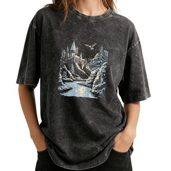 Wizard Castle Night Scene Owl Wash Print Tshirt S-2XL Washed Black Graphic Tees Casual Shirts for Magic Lover Tops