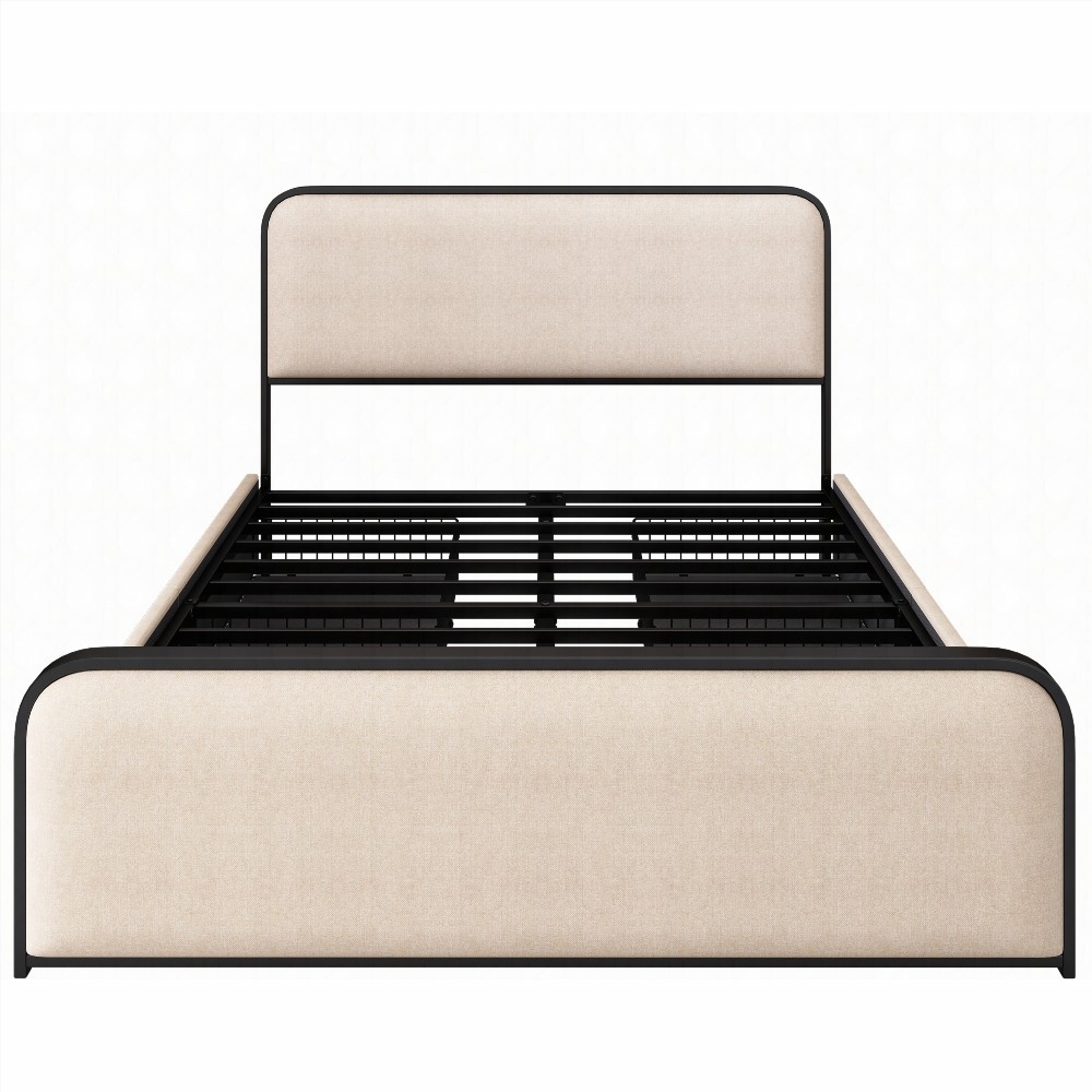 King Size metal bed frame with storage drawers and curved upholstered headboard, beige for master bedroom.