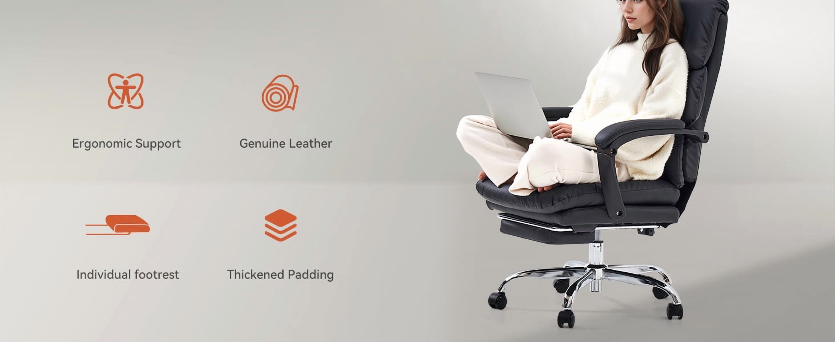 EMIAH Real Leather Office Chair with Foot Rest, Reclining Ergonomic Executive Office Chair with Arms, High Back Comfy Swivel Computer Desk Chairs with Wheels and Lumbar Support for Home Office, Black